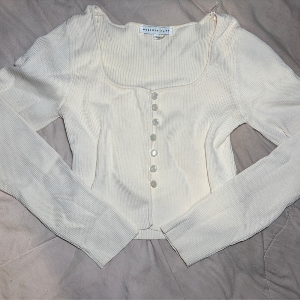 Cream Ribbed Button-Up Square Neck Long-sleeve Top